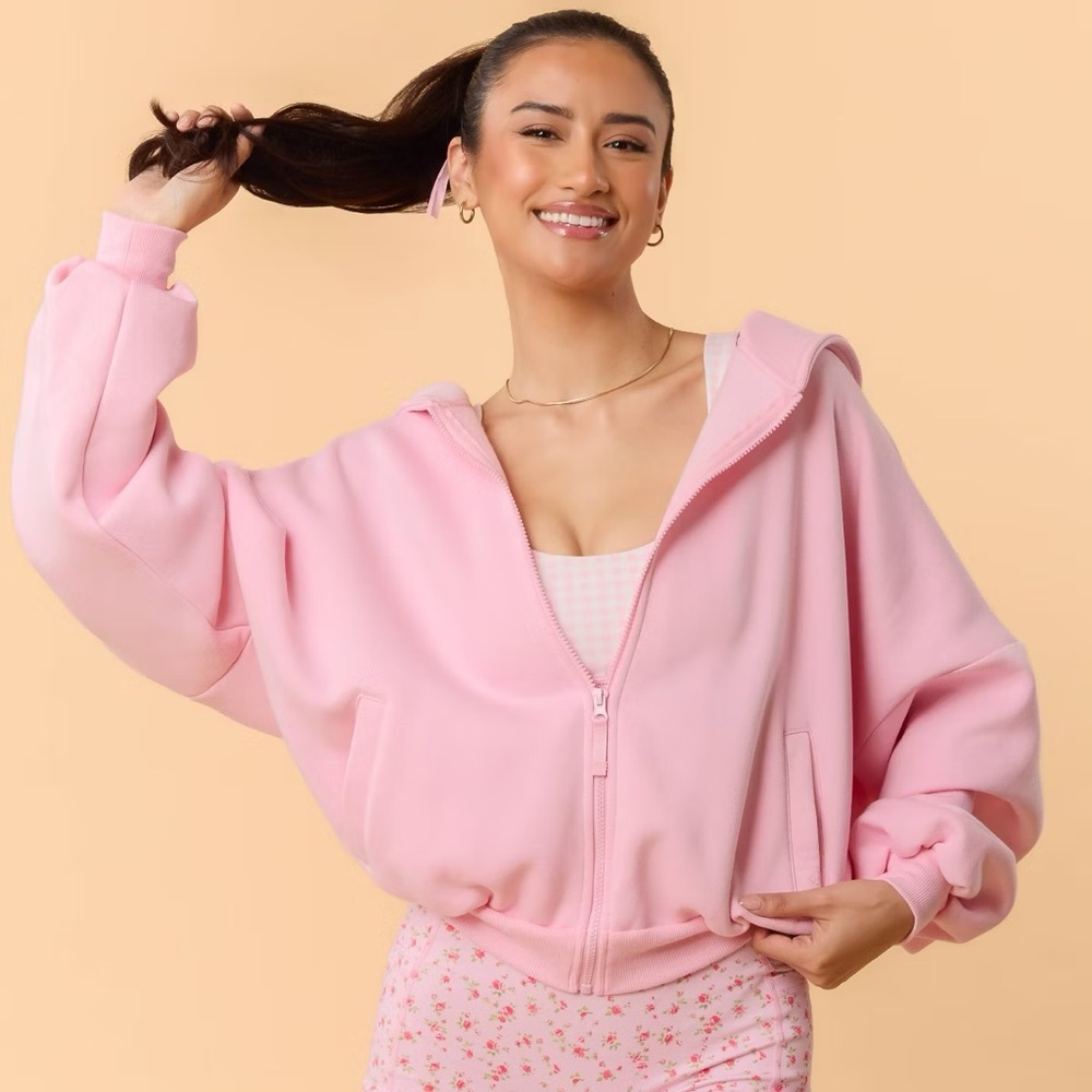 Blogilates Women's Marshmallow Full Zip Hooded Sweatshirt, Pink, NWT